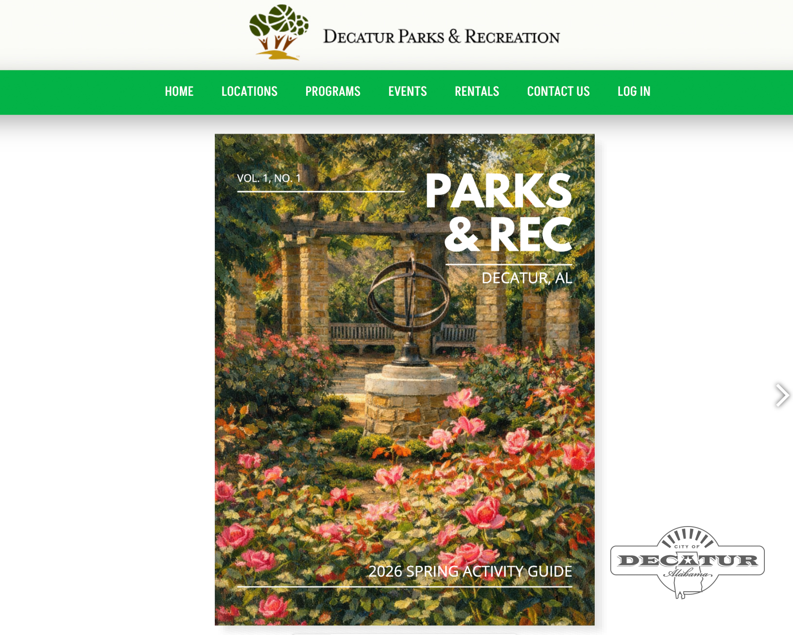 A screenshot taken of the cover for the Decatur Parks and Recreation 2026 Spring Activity Guide
